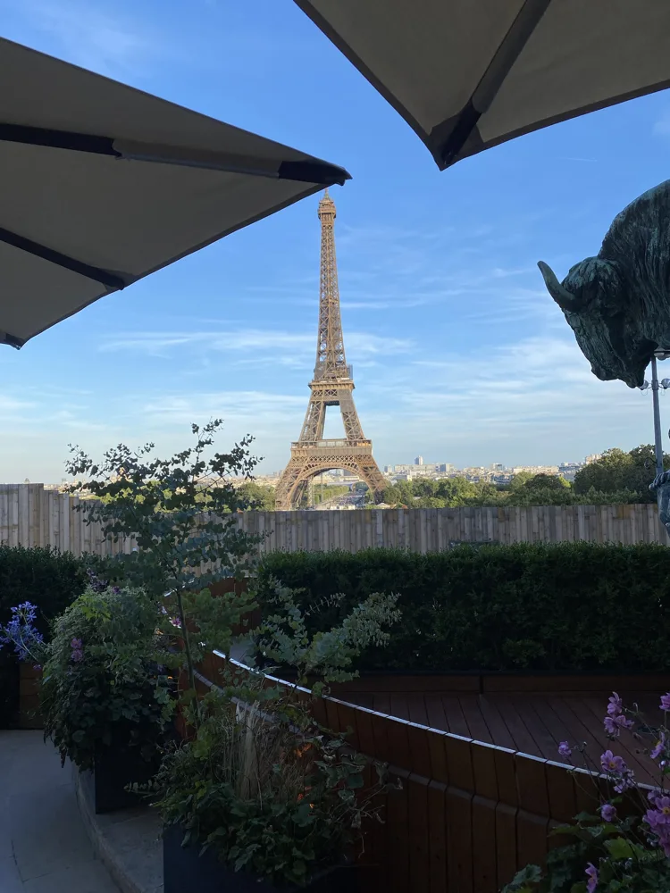 Vue sur la Tour Eiffel depuis la terrasse d'une réception à Paris